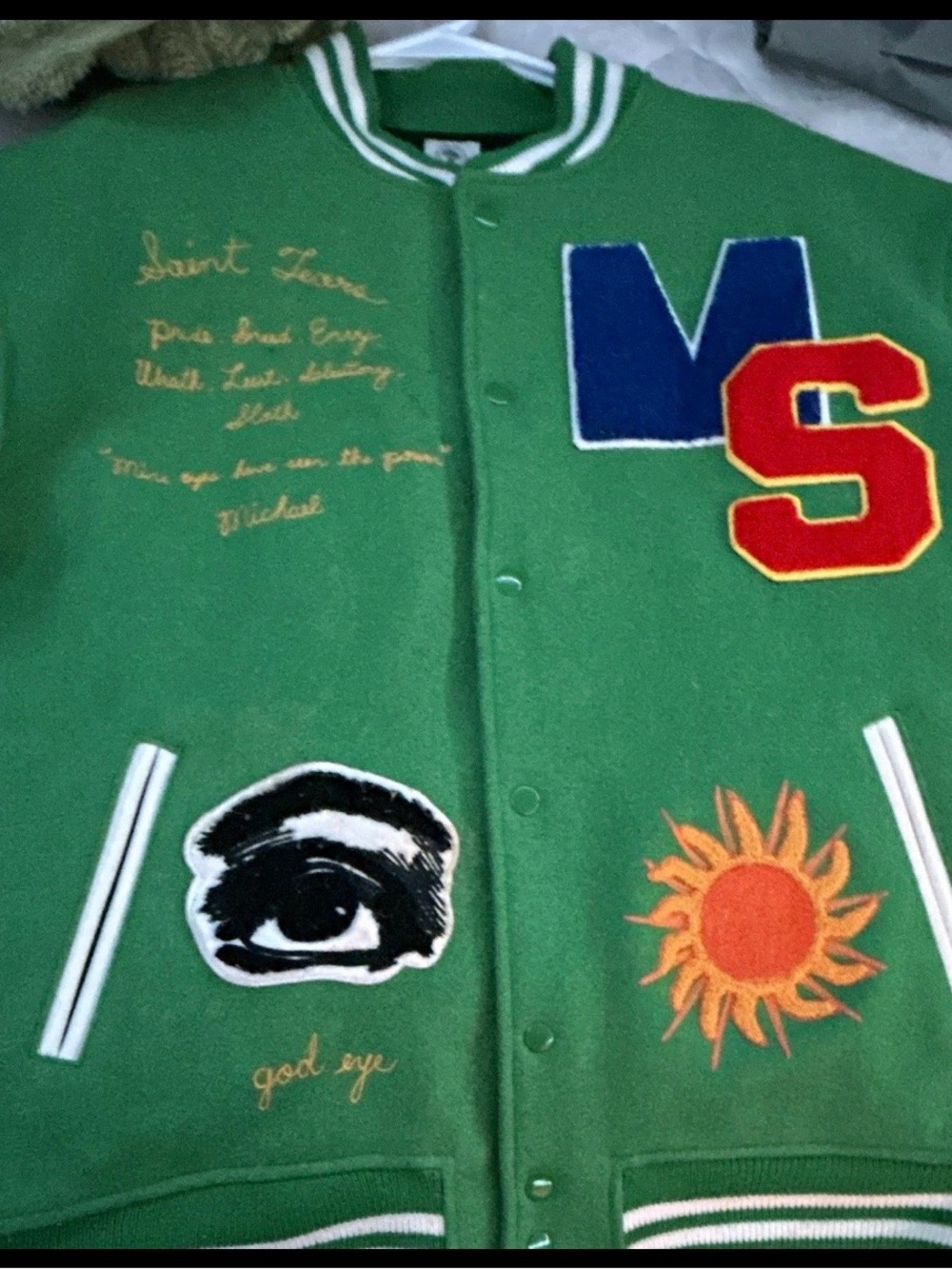 Green Embroidered Varsity Bomber Jacket with Graphic Patches